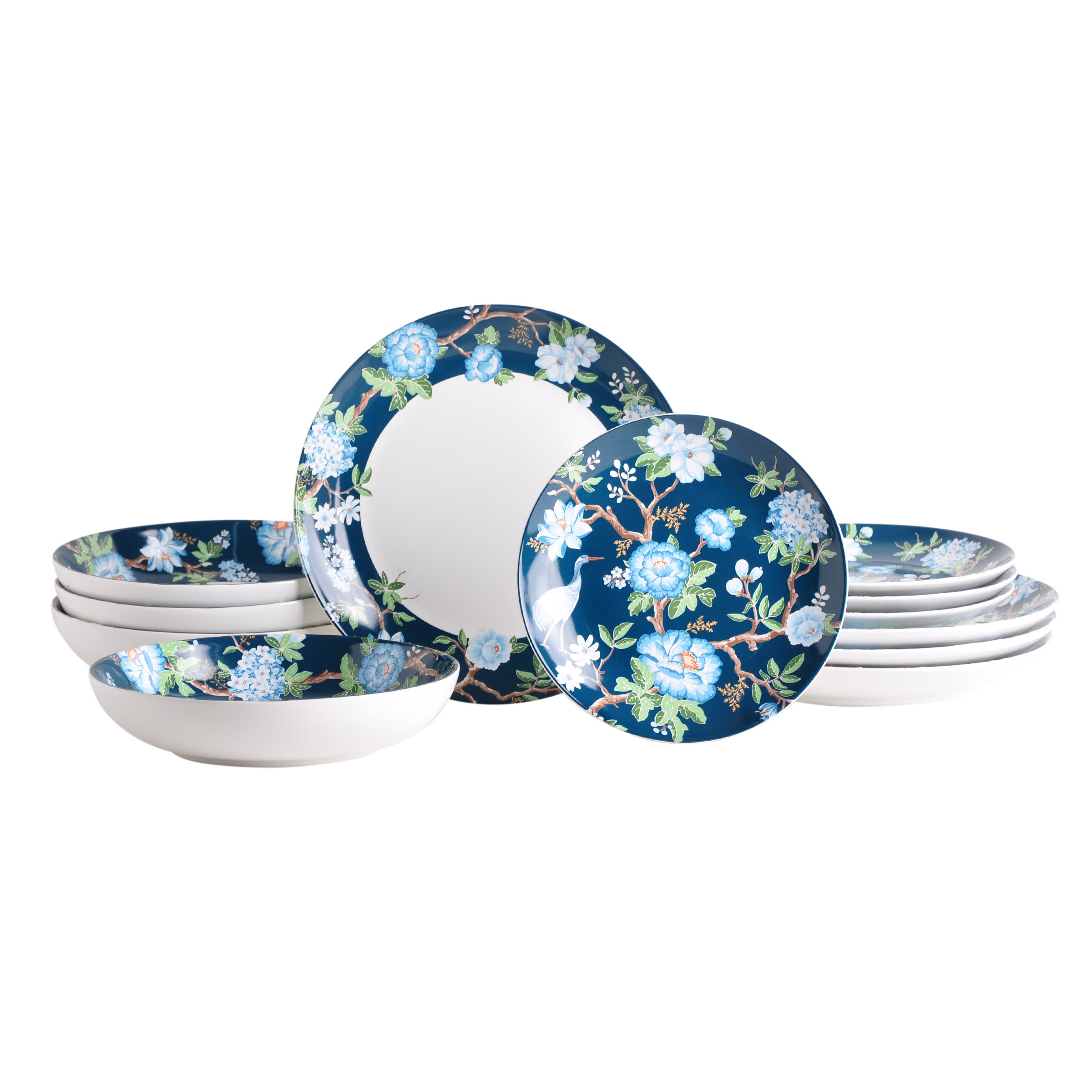 222 Fifth Nightingale 12-Piece Blue Porcelain Dinnerware Set